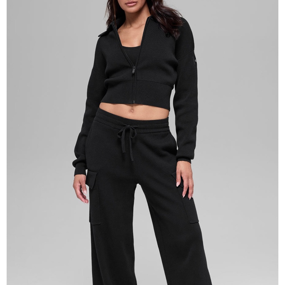 ALO Scholar knit cargo pants and matching cropped full zip hoodie.